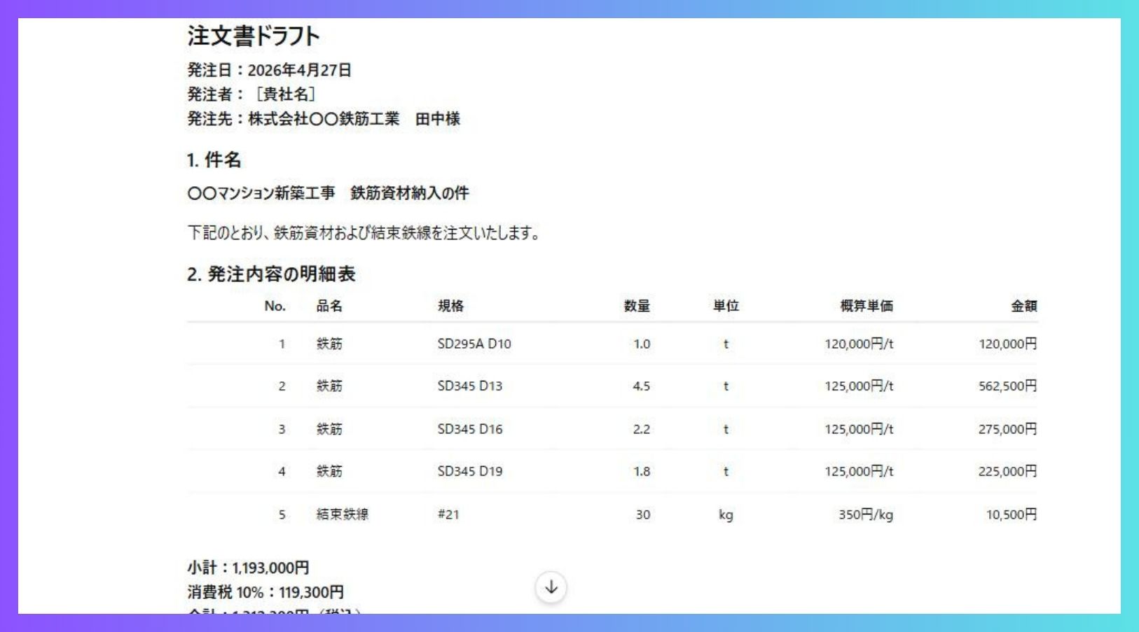 ChatGPTで生成した協力業者向け発注書ドラフトの実行例