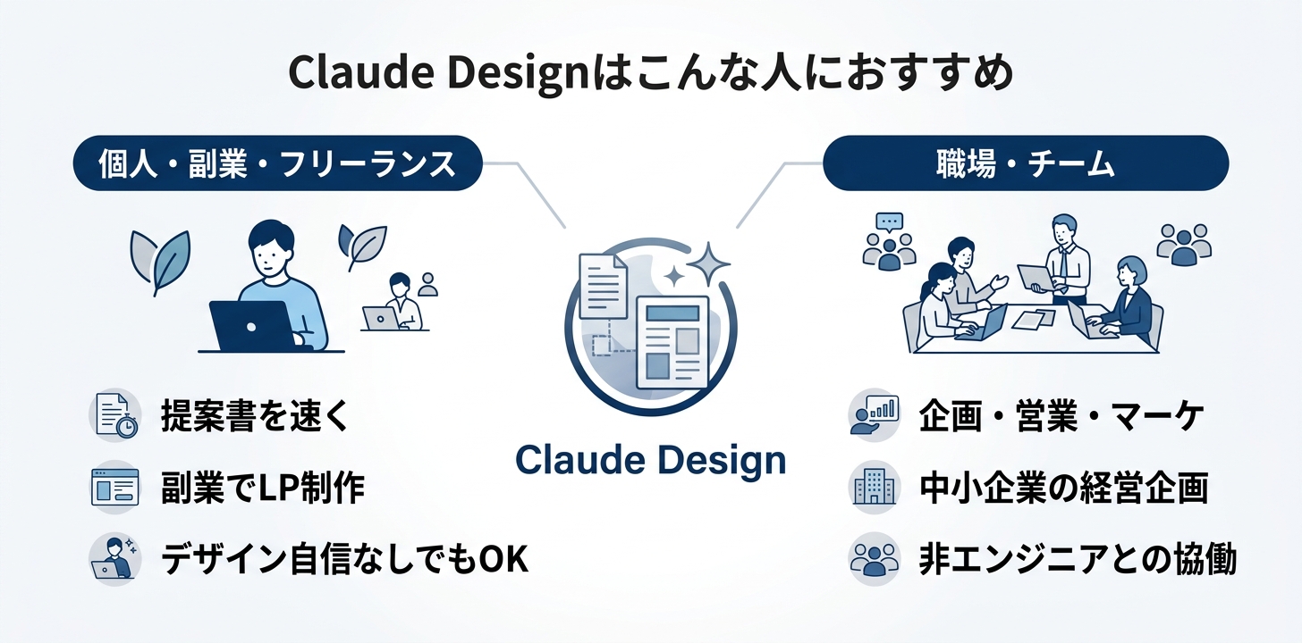 Claude Designの活用シーン。個人の副業・フリーランスから職場・チーム利用まで幅広く対応
