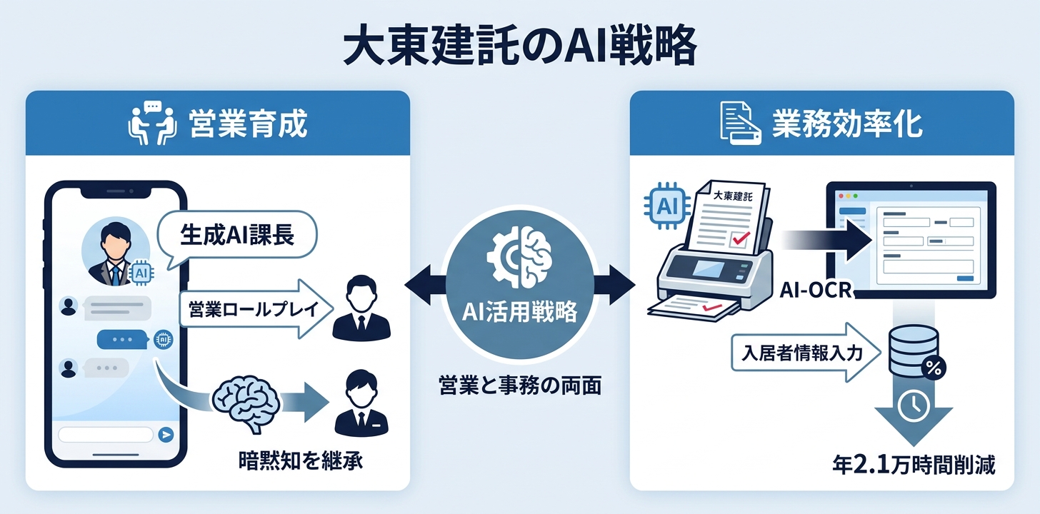 大東建託｜「生成型AI課長」で営業育成を再設計、AI-OCRで年2.1万時間削減