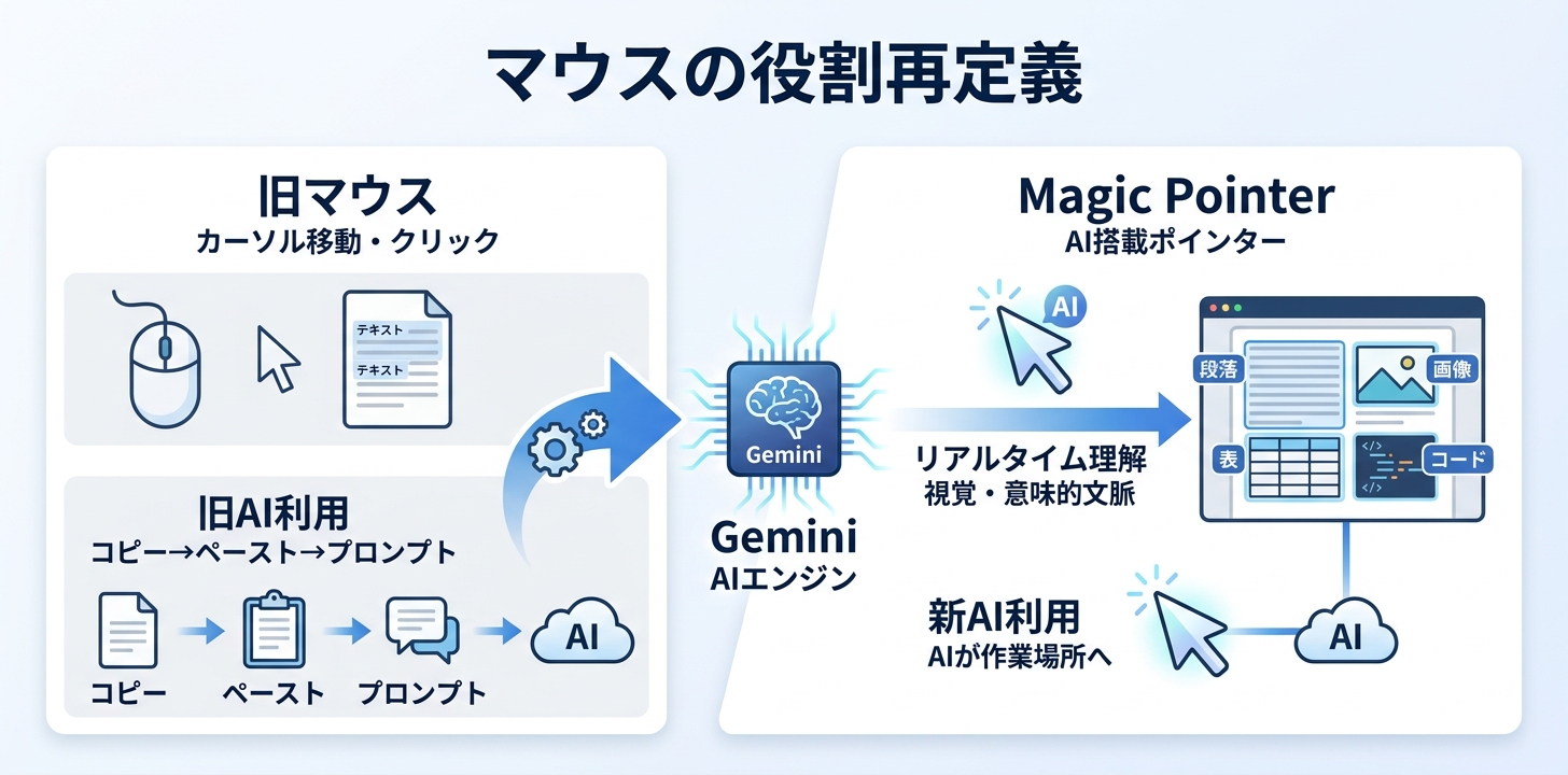 Magic Pointerの概念——カーソルが指す内容をGeminiが即座に認識し、短い指示だけで作業が完結する仕組み