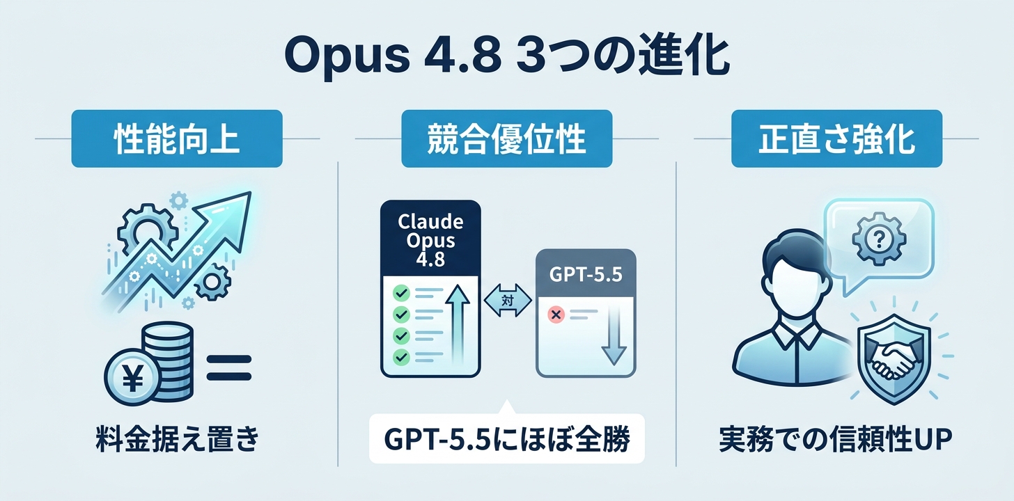Opus 4.8の進化を3つに絞るとこうなる
