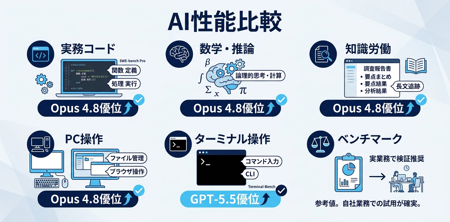 ベンチマーク比較——GPT-5.5にはどこで勝ち、どこで負けたか