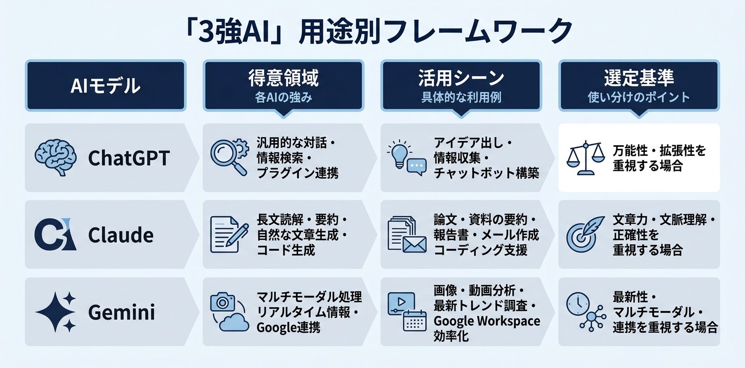 「3強時代」のAI使い分け——用途別フレームワーク