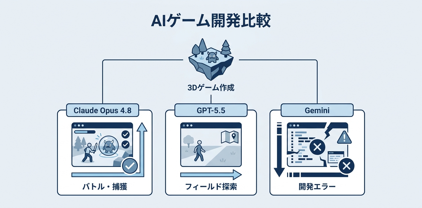 同じプロンプトで3Dゲームを作らせてみた——GPT-5.5 vs Gemini vs Opus 4.8