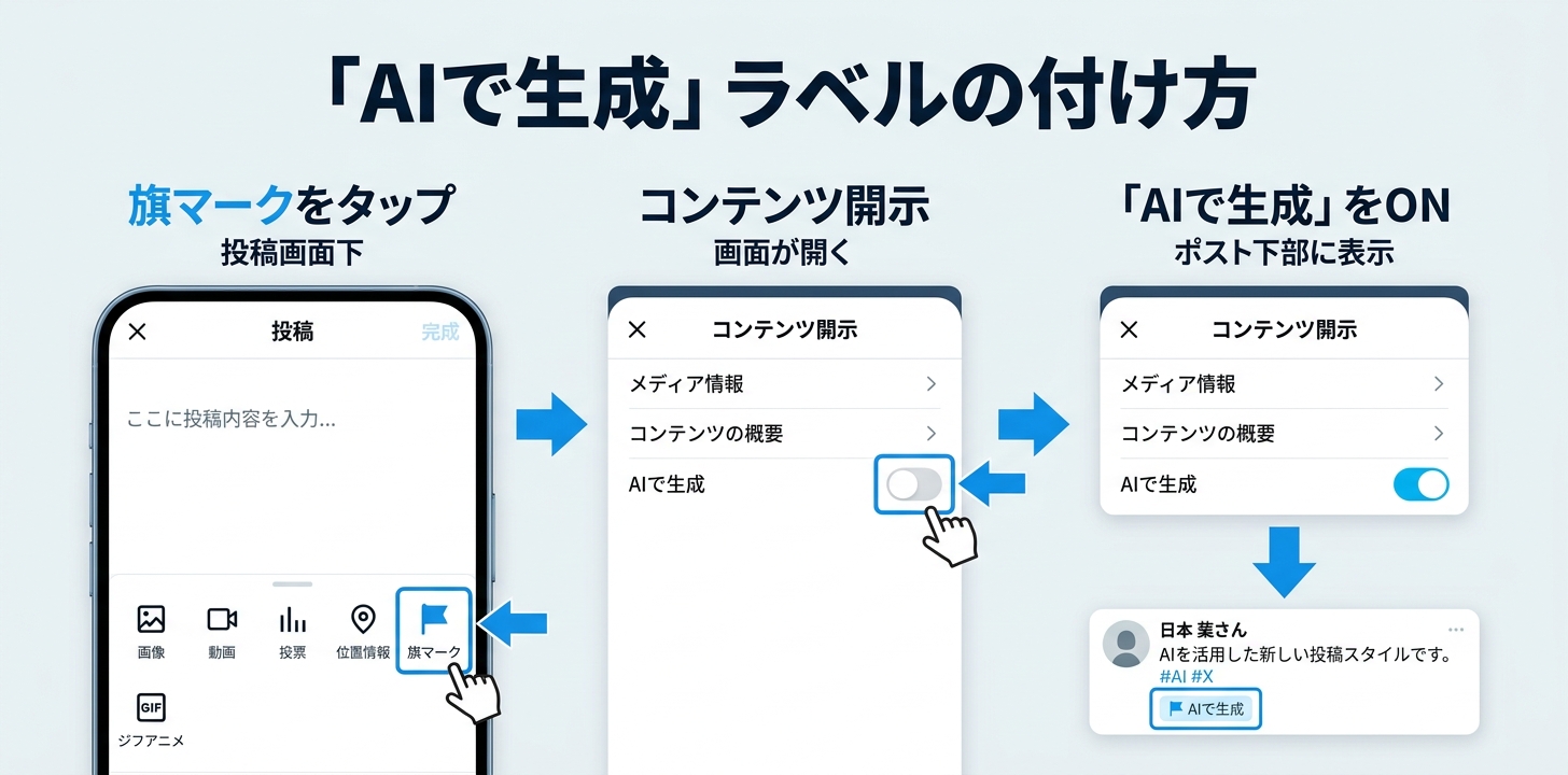Xの「AIで生成」ラベルを付ける手順（旗マーク→コンテンツ開示→AIで生成をON）