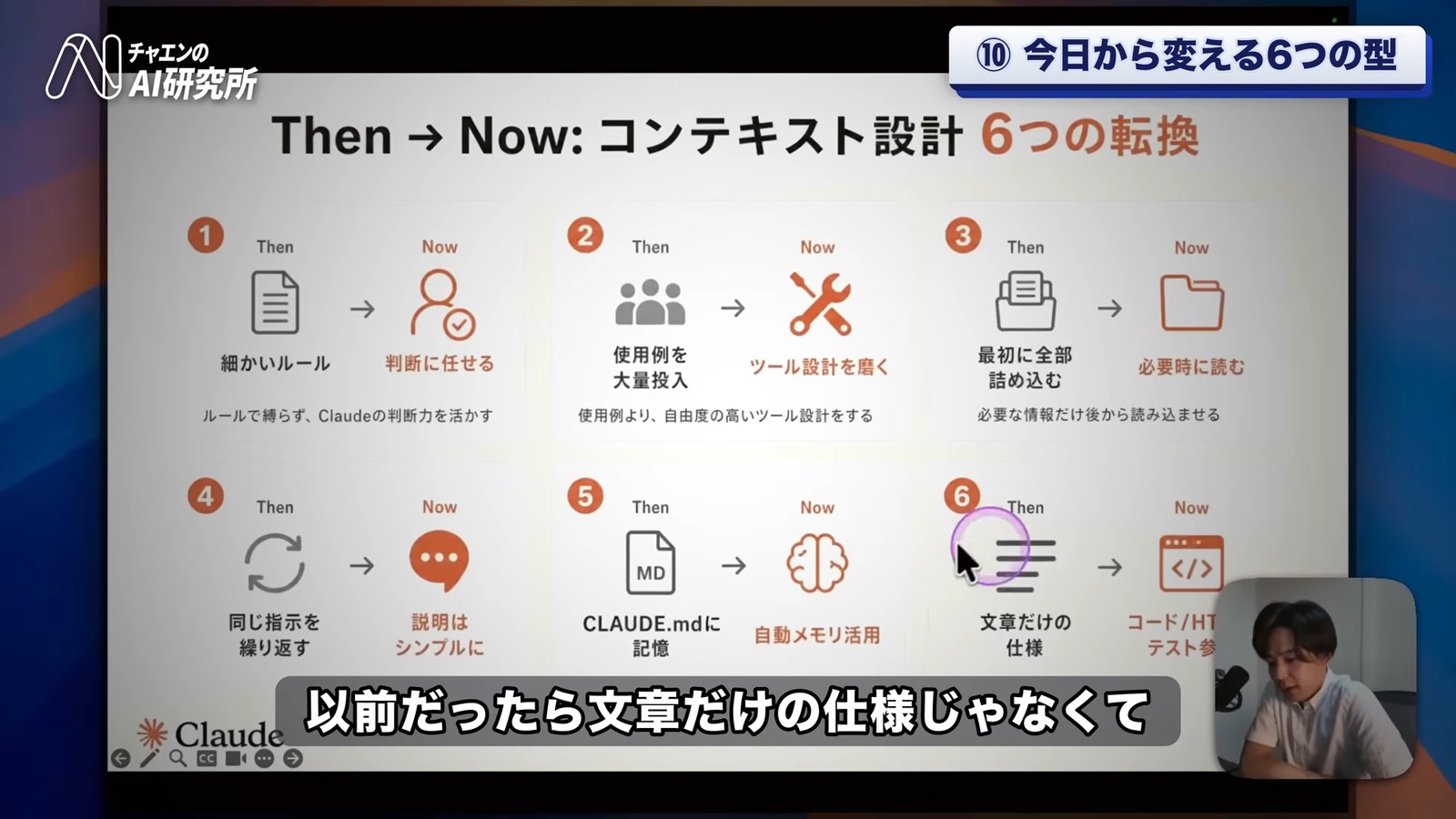 コンテキスト設計の6つの転換。細かいルール→判断に任せる、使用例の大量投入→ツール設計を磨く、最初に全部詰め込む→必要時に読む、同じ指示の繰り返し→説明はシンプルに、CLAUDE.mdに記憶→自動メモリ活用、文章だけの仕様→コードやテストを参照