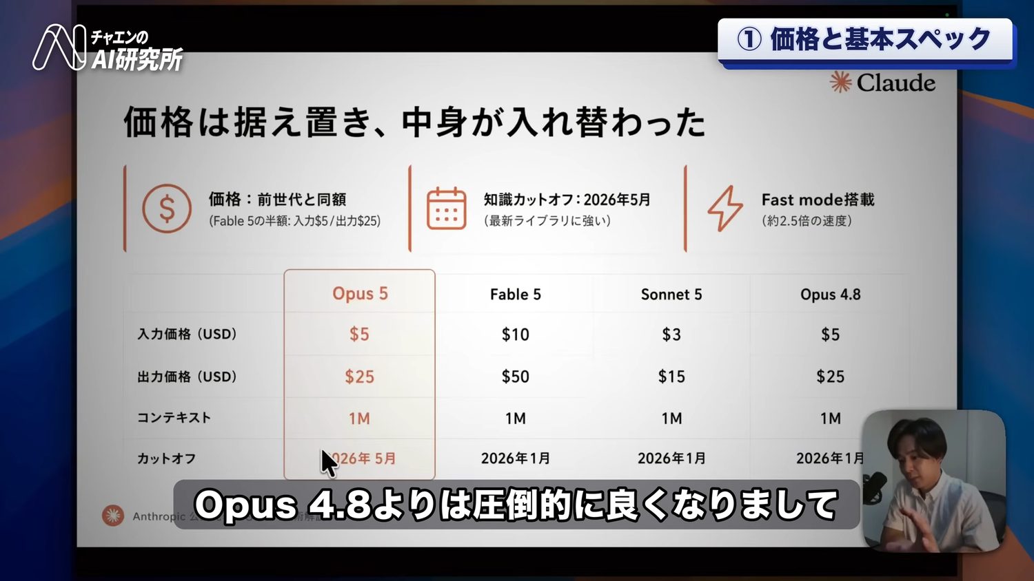 Claude Opus 5とFable 5・Sonnet 5・Opus 4.8の価格とスペック比較。Opus 5は入力$5／出力$25でコンテキスト1M、知識カットオフは2026年5月