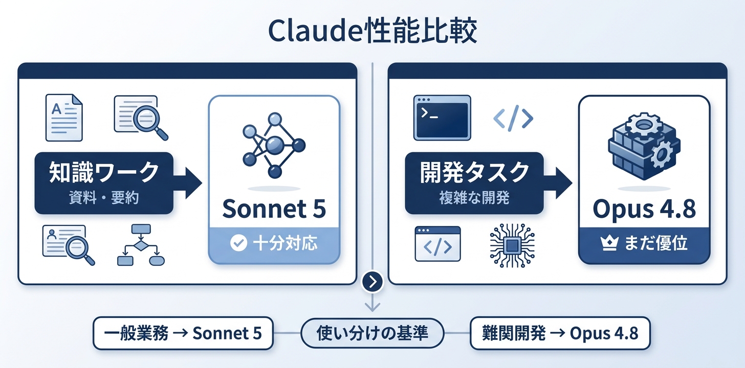性能比較——知識ワークは僅差でOpus超え、開発タスクはまだOpus