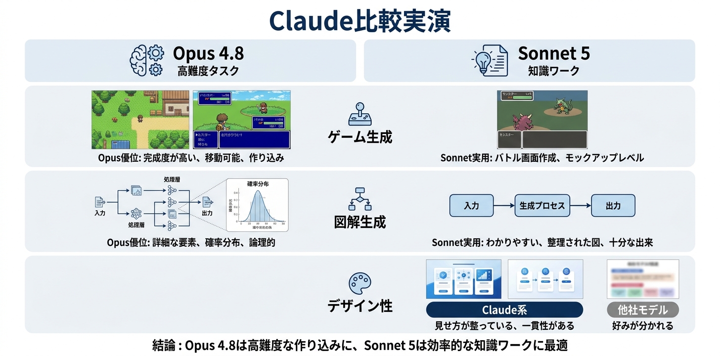 実演——ゲーム生成と図解でOpus 4.8と比較