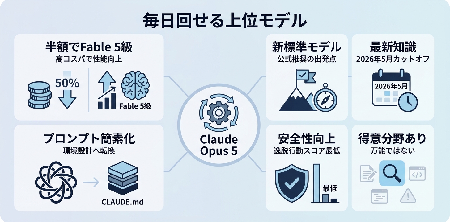 まとめ——Opus 5は「毎日回せる上位モデル」