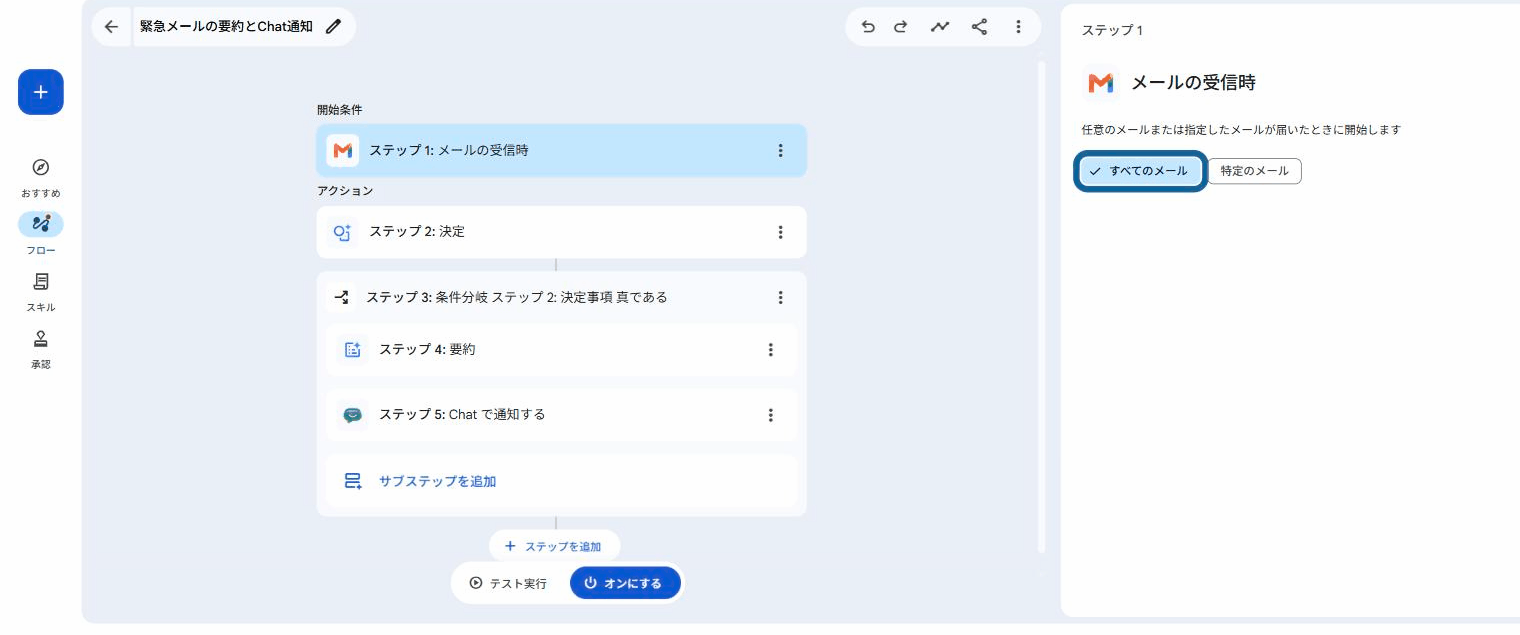 自然文から自動生成されたフロー。メールの受信時、決定、条件分岐、要約、Chat で通知するの構成