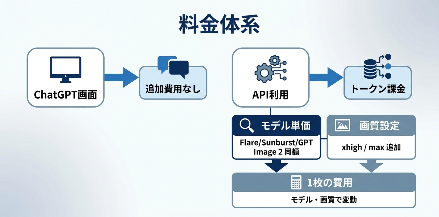 料金体系の整理。ChatGPTの画面からは追加費用なし、APIはトークン課金。モデル単価はFlare・Sunburst・GPT Image 2が同額で、1枚あたりの費用はモデルと画質設定で変動する