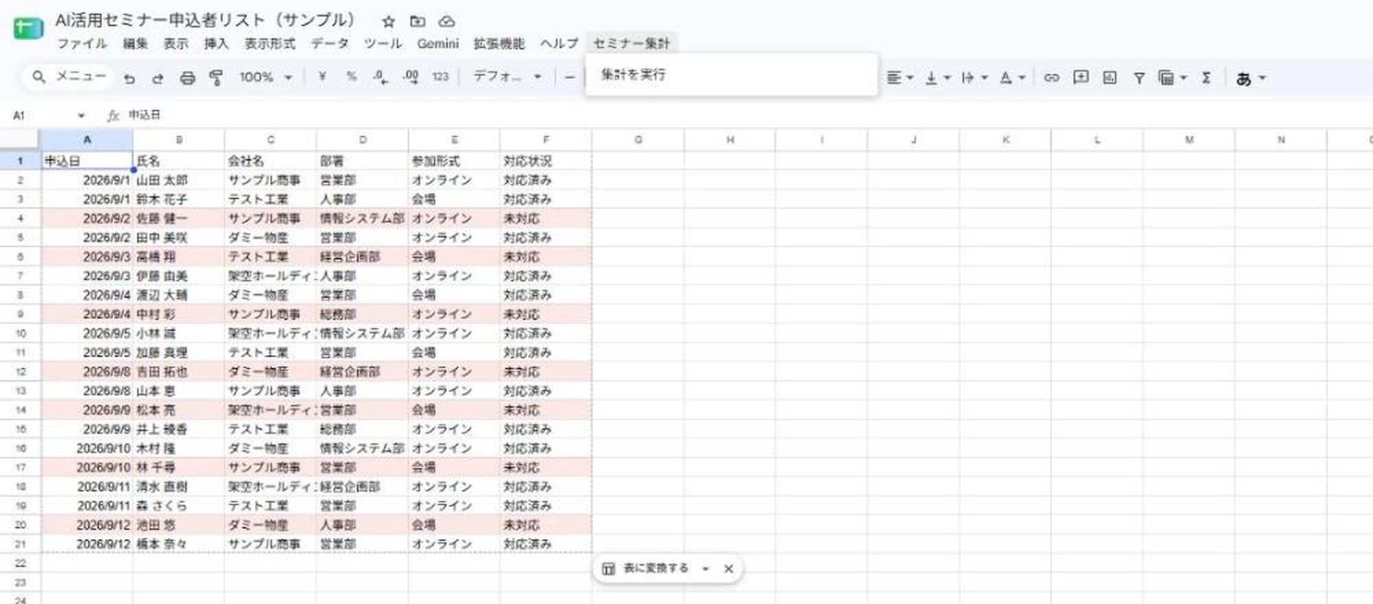 メニューバーに追加された「セミナー集計 → 集計を実行」