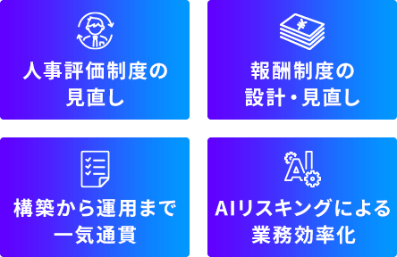 人事評価制度の見直し 報酬制度の設計・見直し 構築から運用まで一気通貫 AIリスキングによる業務効率化